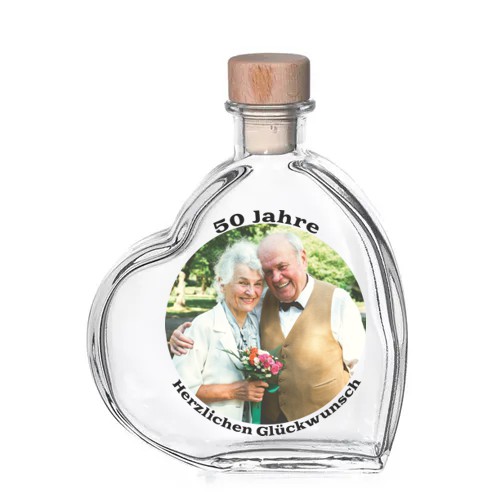 Geschenk zur Goldenen Hochzeit, Herzflasche personalisiert